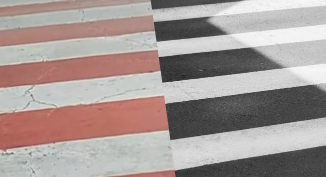 צילום מראה מעבר חצייה שחור -לבן בצד ימין ולשמאלו מעבר חצייה אדום לבן